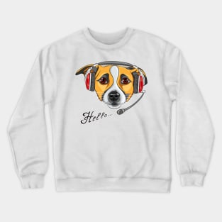 Customer service worker dog Jack Russell Terrier, call center operator with phone headset says Hello Crewneck Sweatshirt